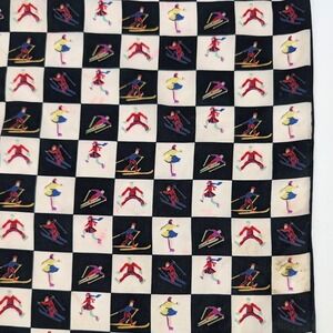 Vintage Silk Square Scarf Black White Checkered Skiers Novelty Print Retro